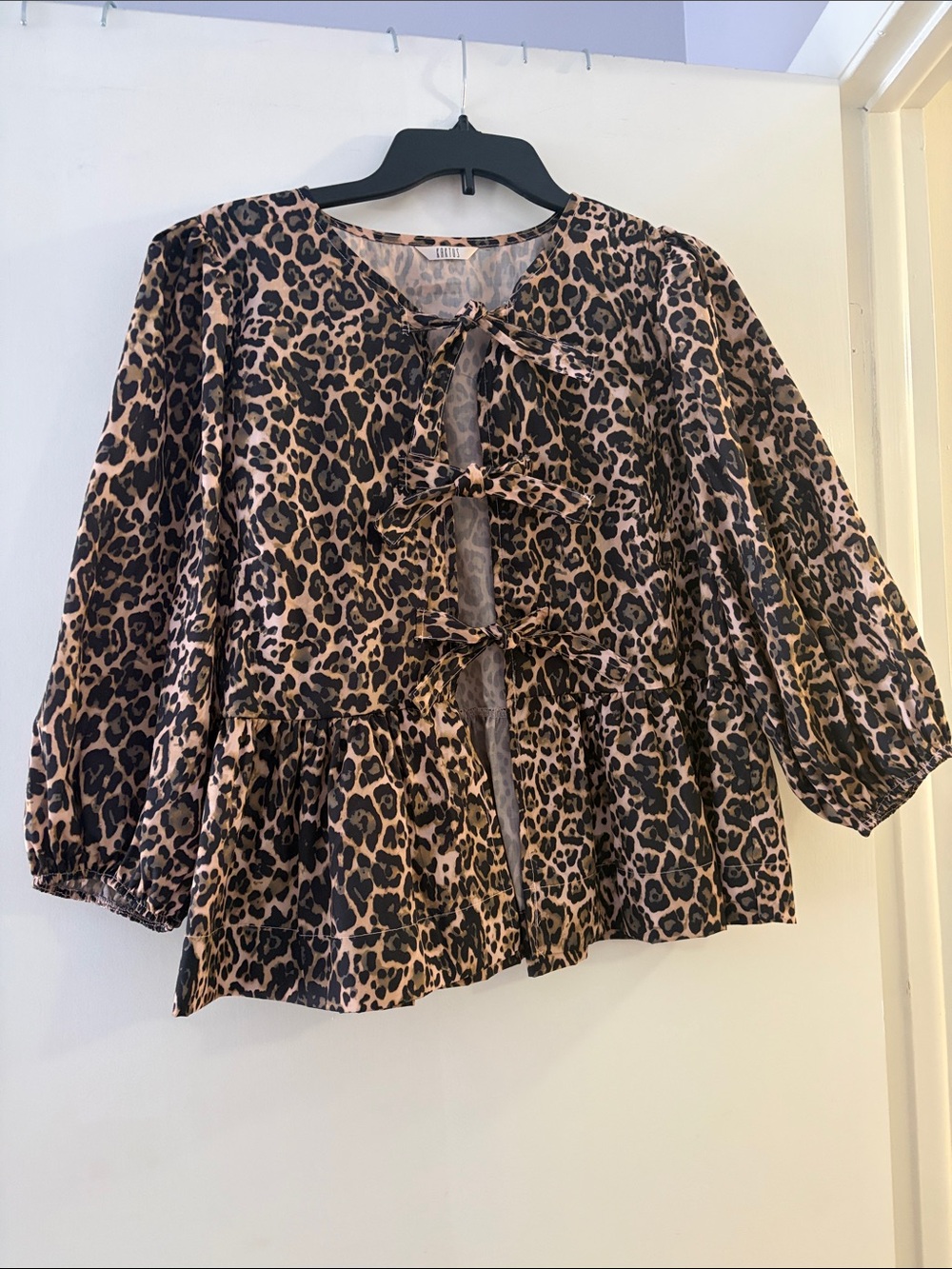 Kaktus Leopard Print Tie-Front Peplum Blouse - Brown & Black